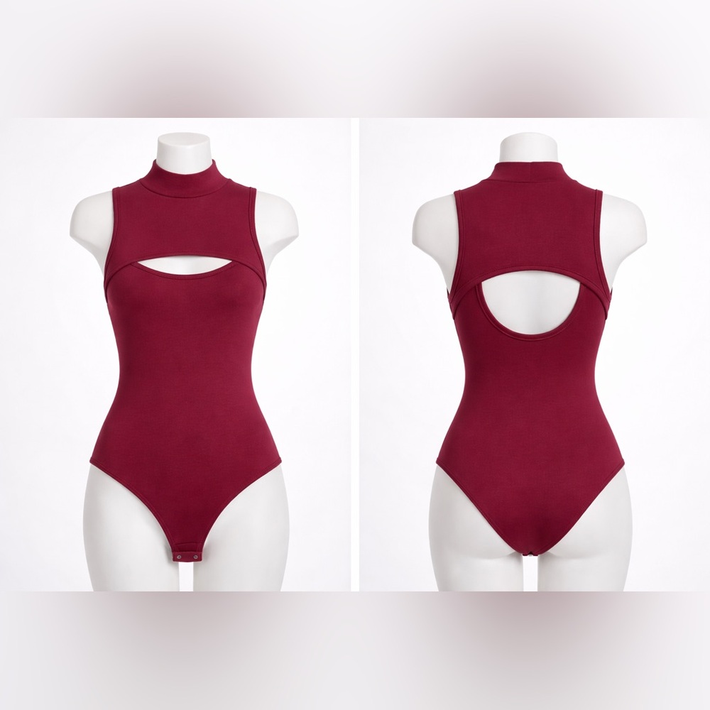 Burgundy Cutout Bodysuit Sleeveless Mock Neck Small